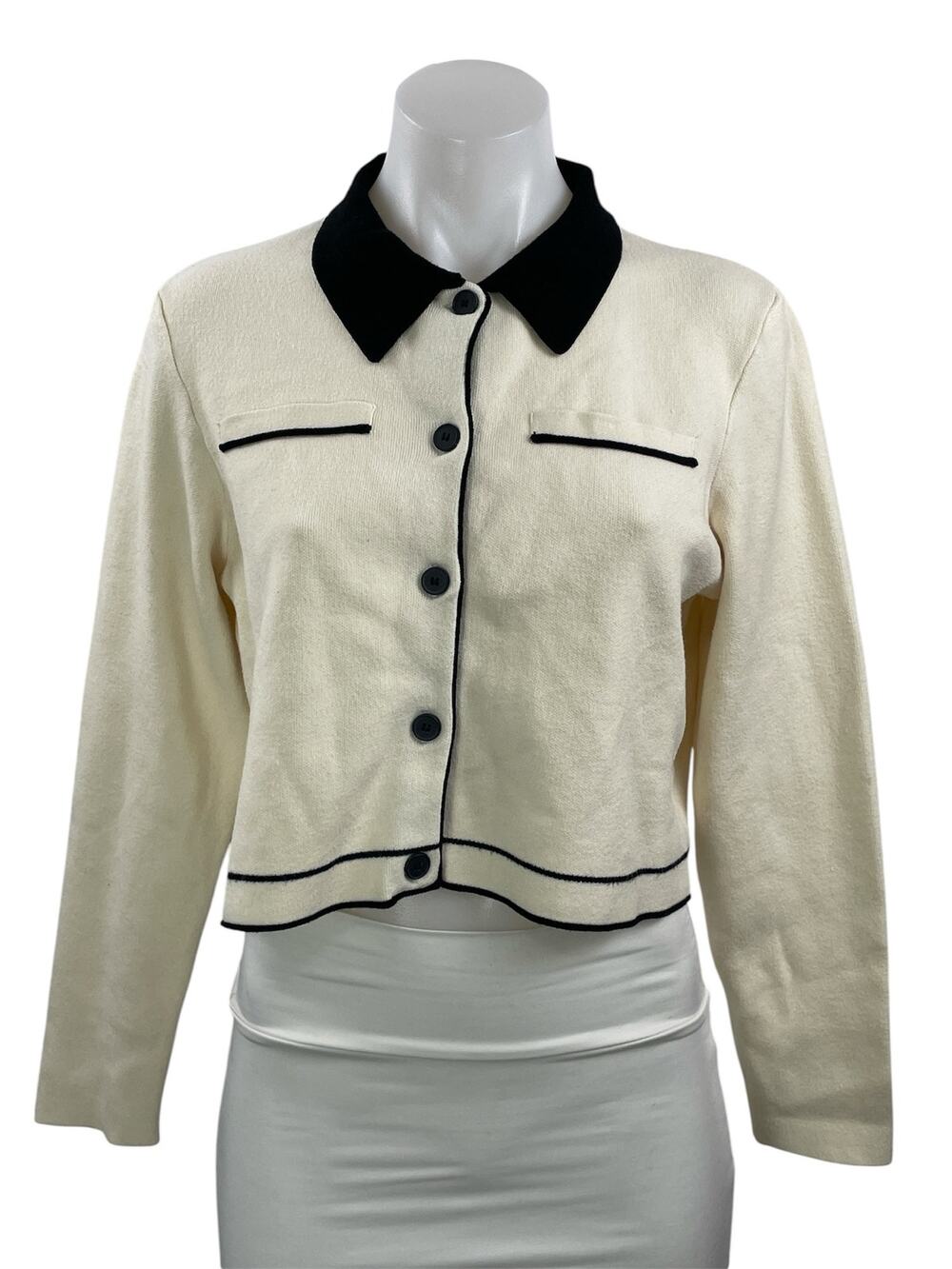 Oak + Fort Cream Black Knit Long Sleeve Button Down Cropped Cardigan Sweater M